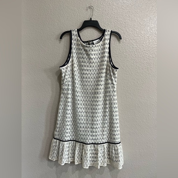 J. Taylor Navy Cream Striped Dress Sz 16 Lace Crochet Pleated Hem Nautical - Picture 1 of 12